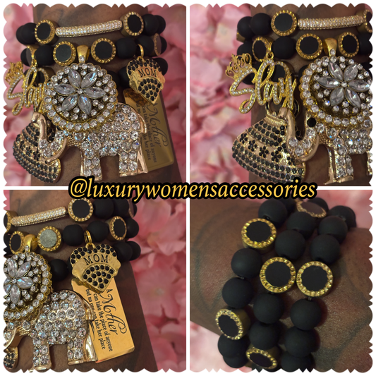 Black/Gold Beaded Bracelet Set(set of 3)