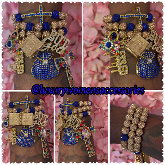 “Luxurious” Gold/Royal Blue Religious Beaded Bracelet Set(set of 3)