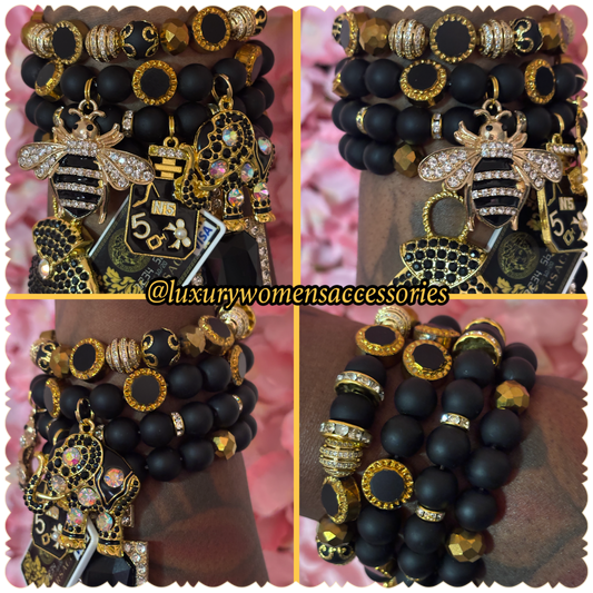 Black/Gold Beaded Bracelets(set of 4)
