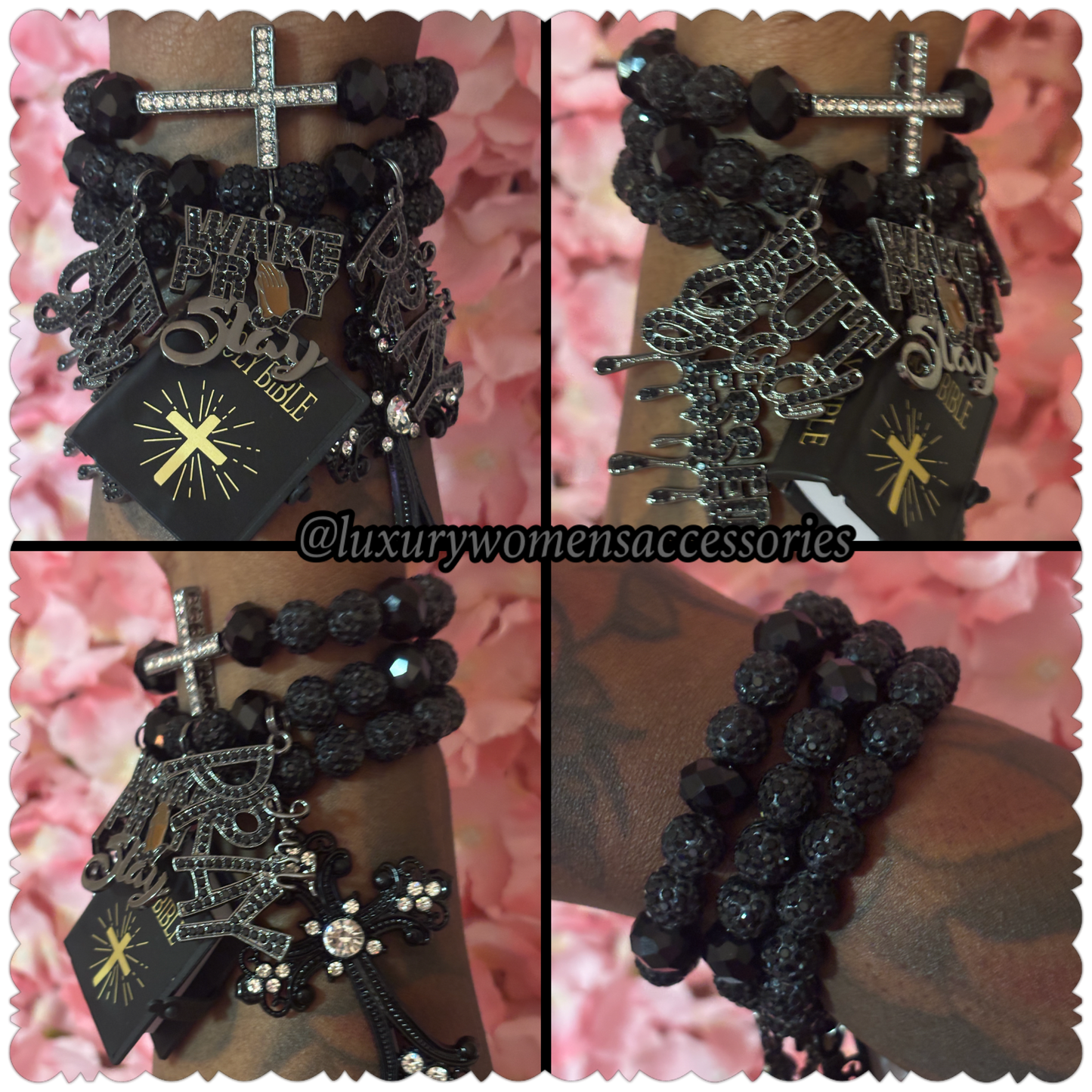 Black Religious Beaded Bracelet Set(set of 3)