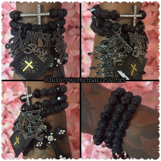 Black Religious Beaded Bracelet Set(set of 3)