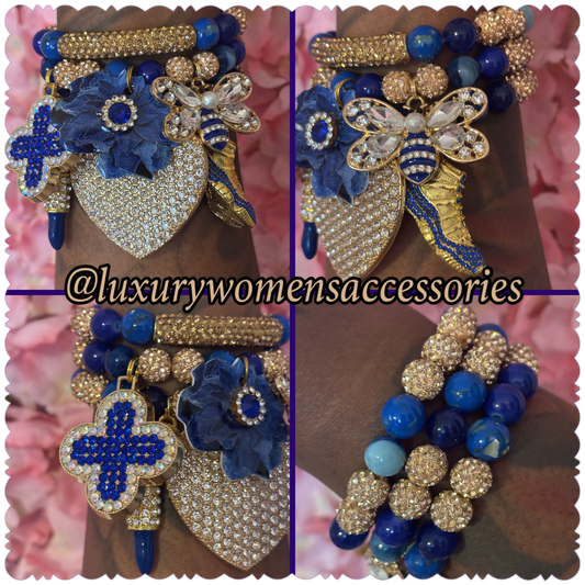 “Luxurious” Royal Blue/Gold Beaded Bracelet Set(set of 3)