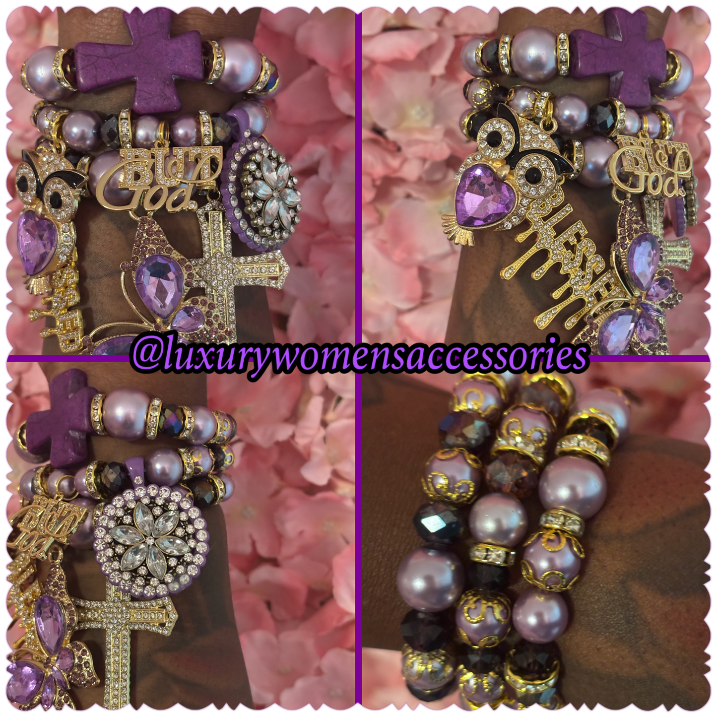 “Luxurious” Religious Purple/Gold Pearl Beaded Bracelet Set(set of 3)