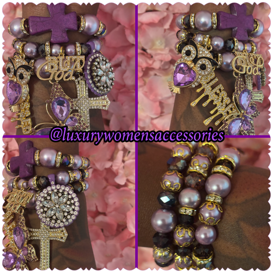 “Luxurious” Religious Purple/Gold Pearl Beaded Bracelet Set(set of 3)