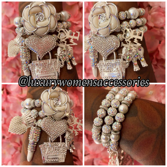 “LUX” Silver Pearl Beaded Bracelet Set(set of 3)