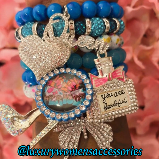 “LUX” Blue Splatter Beaded Bracelet Stack(set of 6)