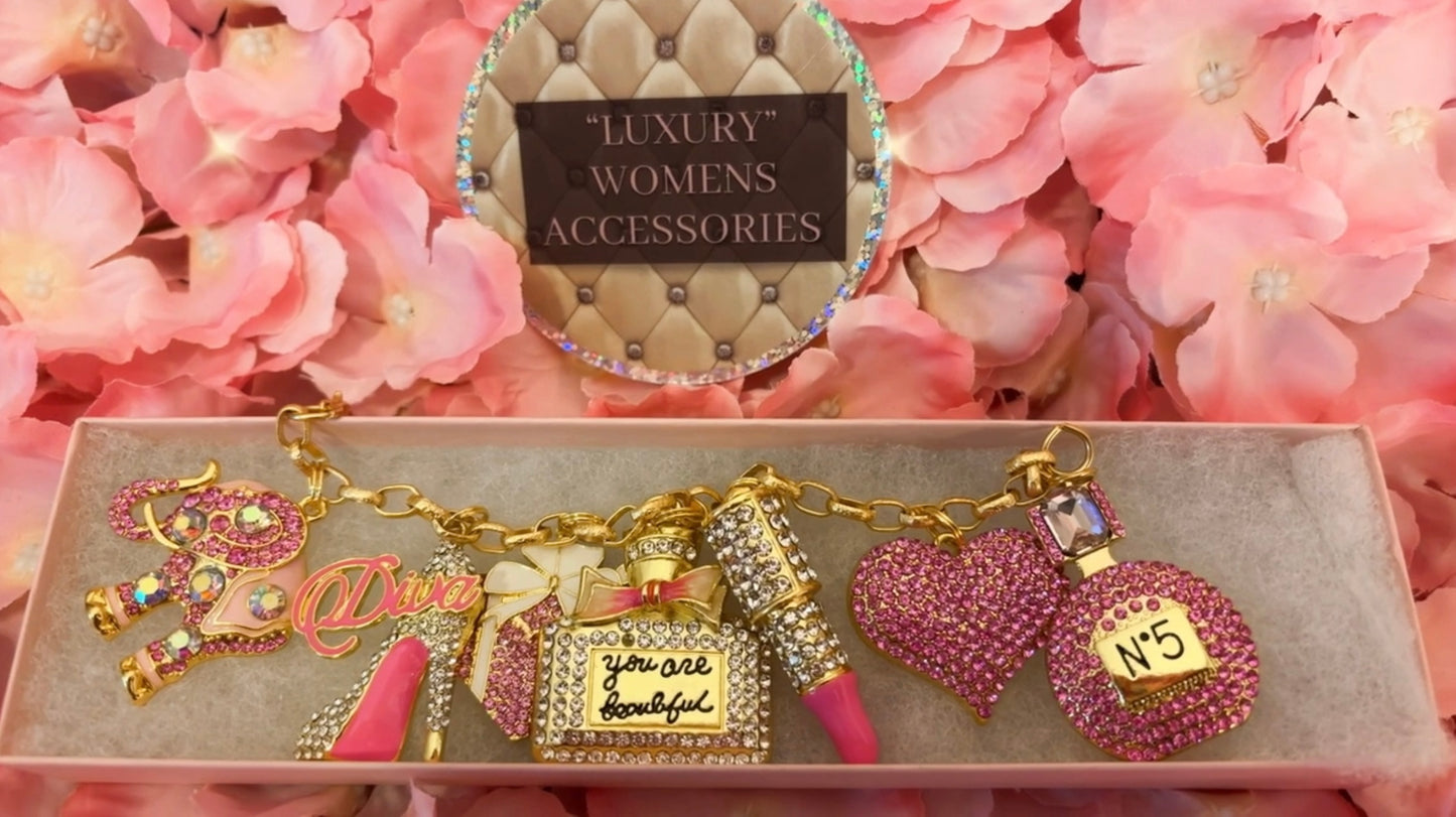 “Bling”Gold/Pink Rolo Link Charm Bracelet