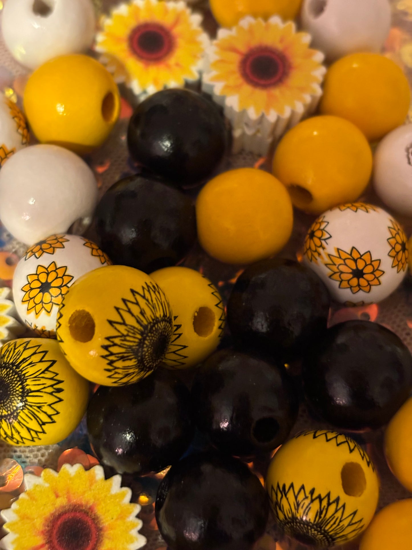 Wood Sunflower Bead Mix(set of 10)