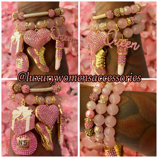 Pink/Gold Beaded Bracelet Set(set of 3)