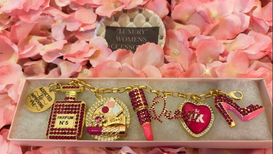 “Bling” Hot Pink/Gold Rolo Link Charm Bracelet