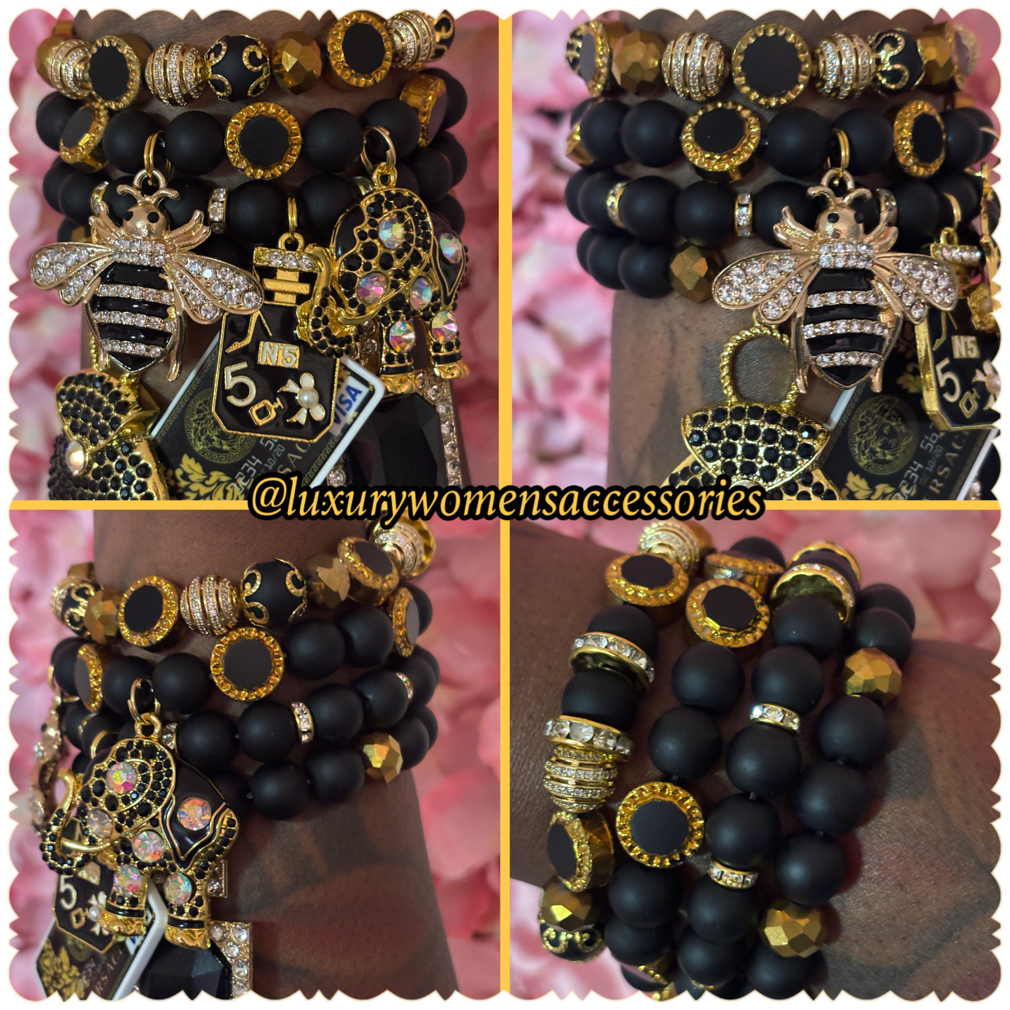 Black/Gold Beaded Bracelets(set of 4)