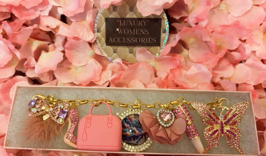 “Luxurious” Pink Rolo Link Charm Bracelet