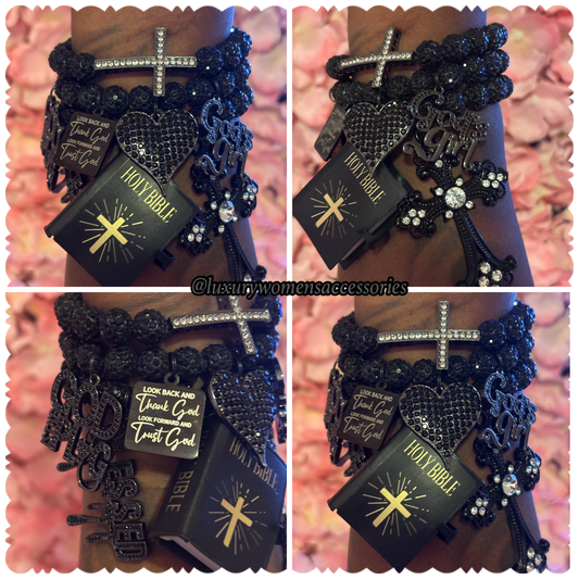 "Restocked" Black Religious Beaded Bracelet Set(set of 3)