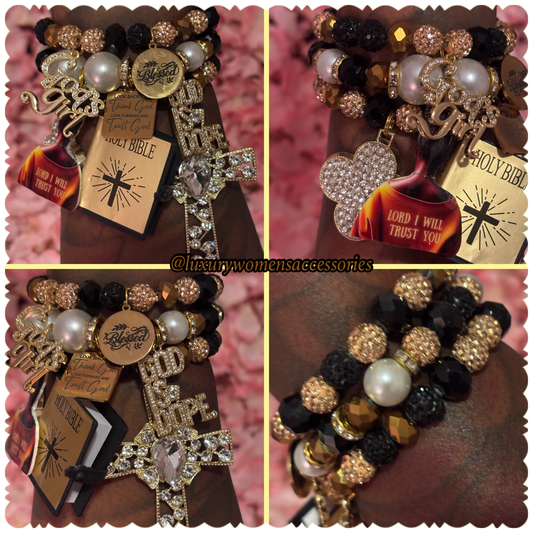 Black/Gold Pearl Beaded Bracelet Set(set of 3)