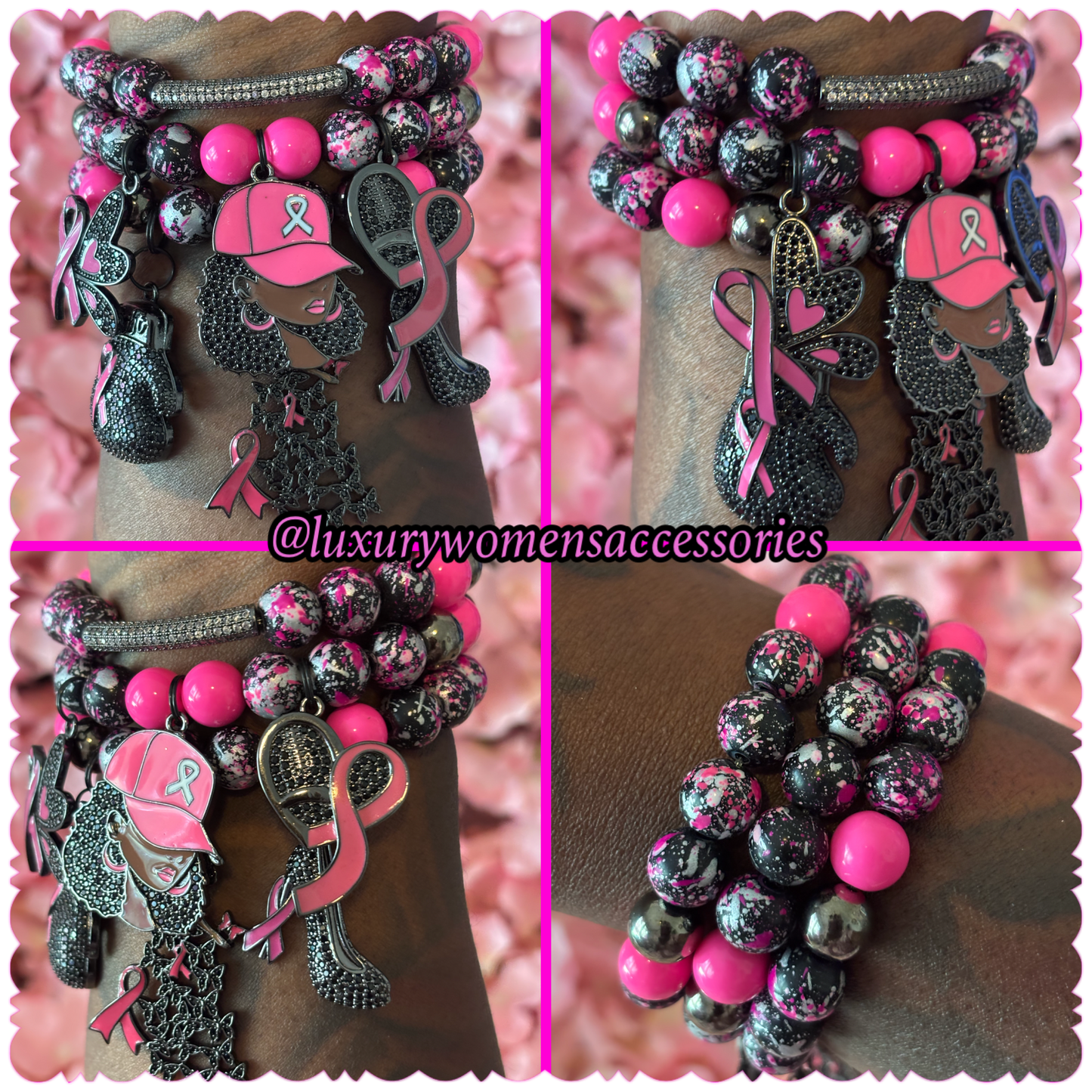 Breast Cancer Awareness Beaded Bracelet Set(set of 3)