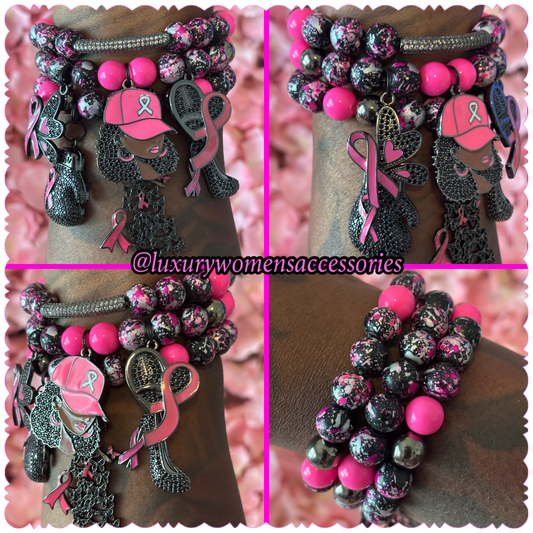 Breast Cancer Awareness Beaded Bracelet Set(set of 3)