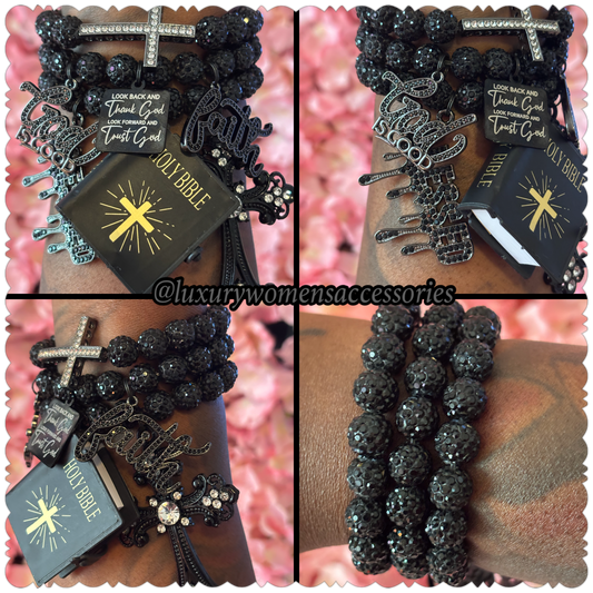 (Restocked) Black Religious Beaded Bracelet Set(set of 3)