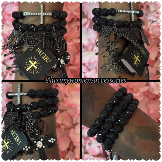 “Restocked” Black Religious Beaded Bracelet Set(set of 3)