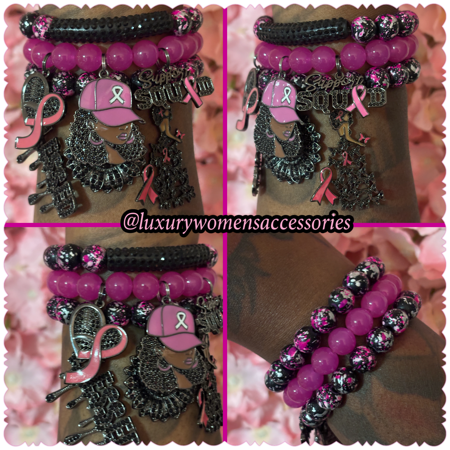Black/Pink Breast Cancer Awareness Beaded Bracelet Set(set of 3)