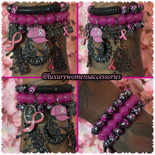 Black/Pink Breast Cancer Awareness Beaded Bracelet Set(set of 3)