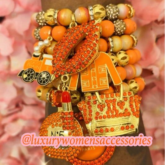 “LUX” Orange/Gold Beaded Bracelet Stack(set of 6)