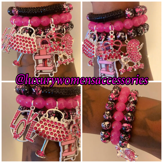 Hot Pink Splatter Beaded Bracelet(set of 3)