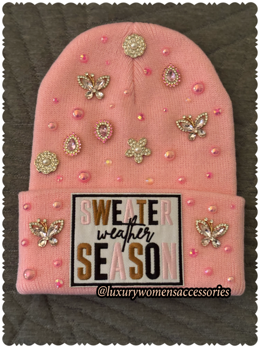 Pink "Sweater Weather Season" Beanie Hat(Ready To Ship)