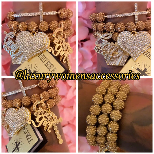 Gold Religious Beaded Bracelet Set(set of 3)
