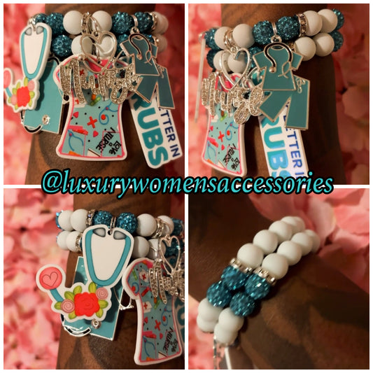 Teal/White Nurse Beaded Bracelets(set of 2)