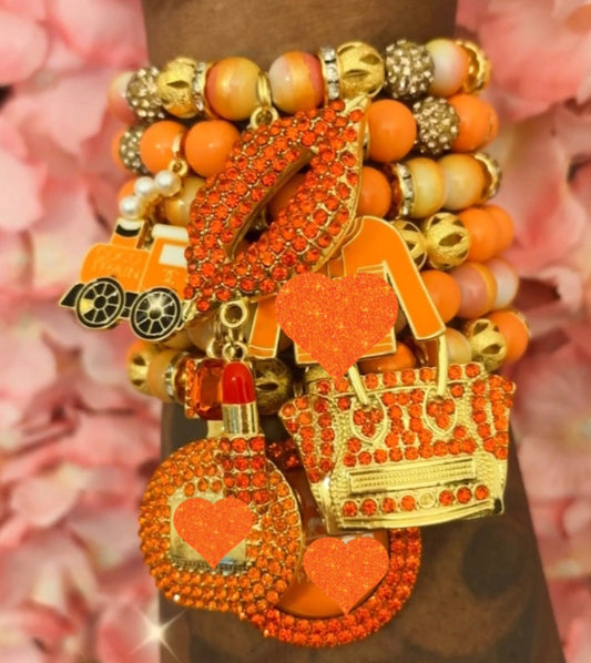 “LUX” Orange/Gold Beaded Bracelet Stack(set of 6)