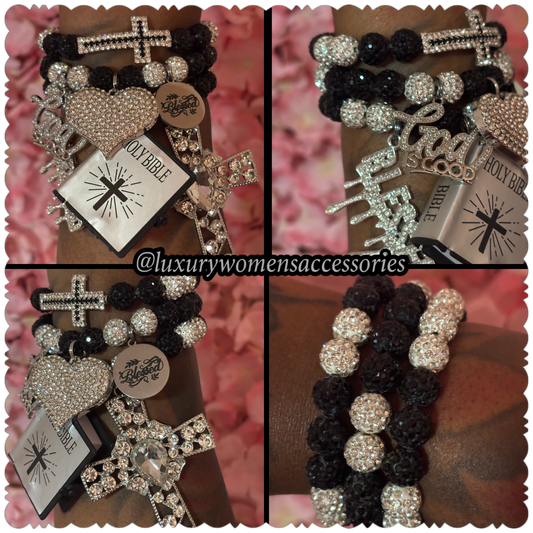 "Restocked" Black/Silver Religious Beaded Bracelet Set(set of 3)