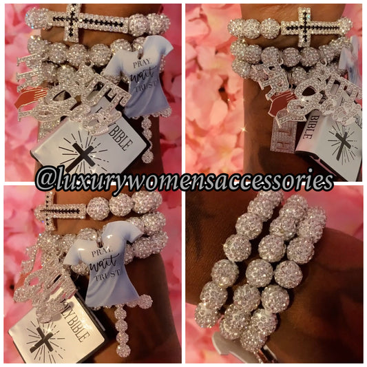 Restocked “LUX” Silver Religious Beaded Bracelet Set(set of 3)