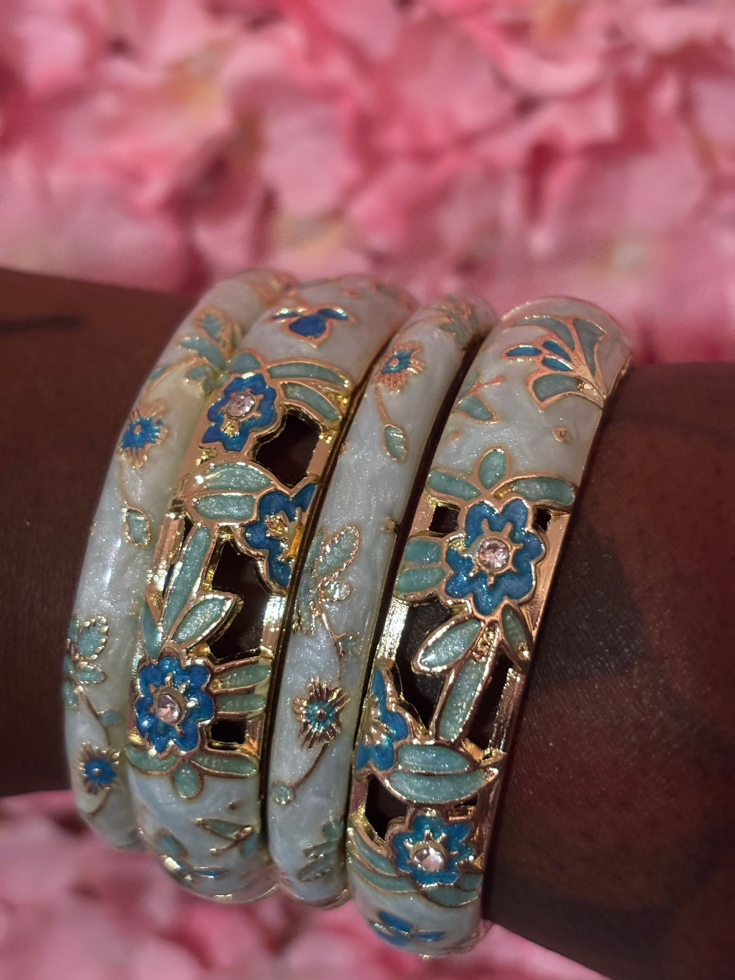"Blue/Gold" Flower Bangle Bracelets(1pc.)