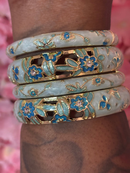 "Blue/Gold" Flower Bangle Bracelets(1pc.)