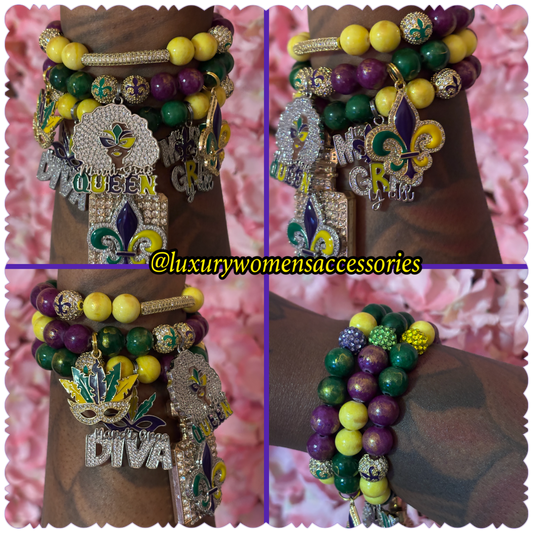 "LUX" Mardi Gras Beaded Bracelet Set(set of 3)