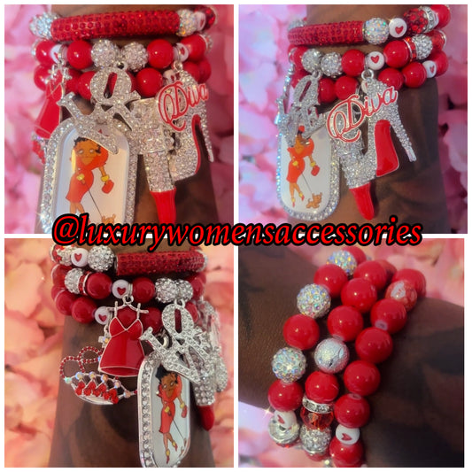 Red “Diva” Beaded Bracelet Set(set of 3)