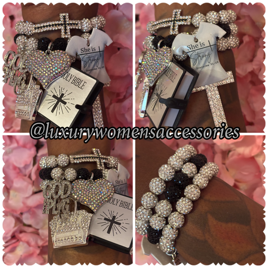 “Restocked” Silver/Black Religious Beaded Bracelet Set(set of 3)