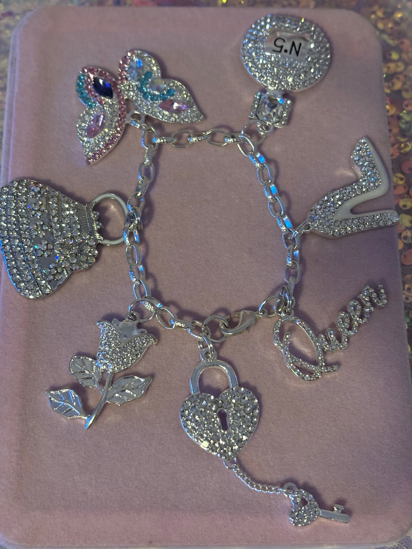 Silver “Bling” Rolo Link Charm Bracelet