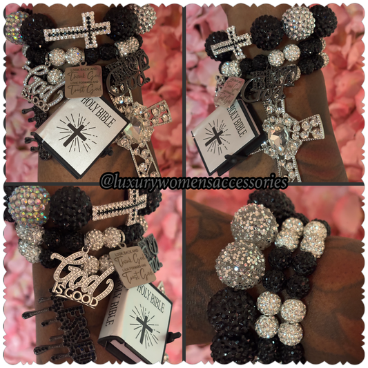 "Luxurious" "Silver/Black" Religious Beaded Bracelets(Set of 3)