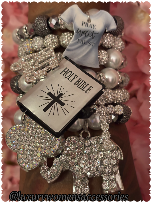 “Custom” “Luxurious” Silver Religious Beaded Bracelet Set(set of 6)(Made To Order)