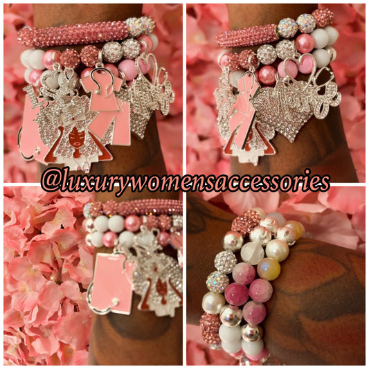 “LUX”Pink/Silver Nurse Beaded Bracelet Set(set of 3)