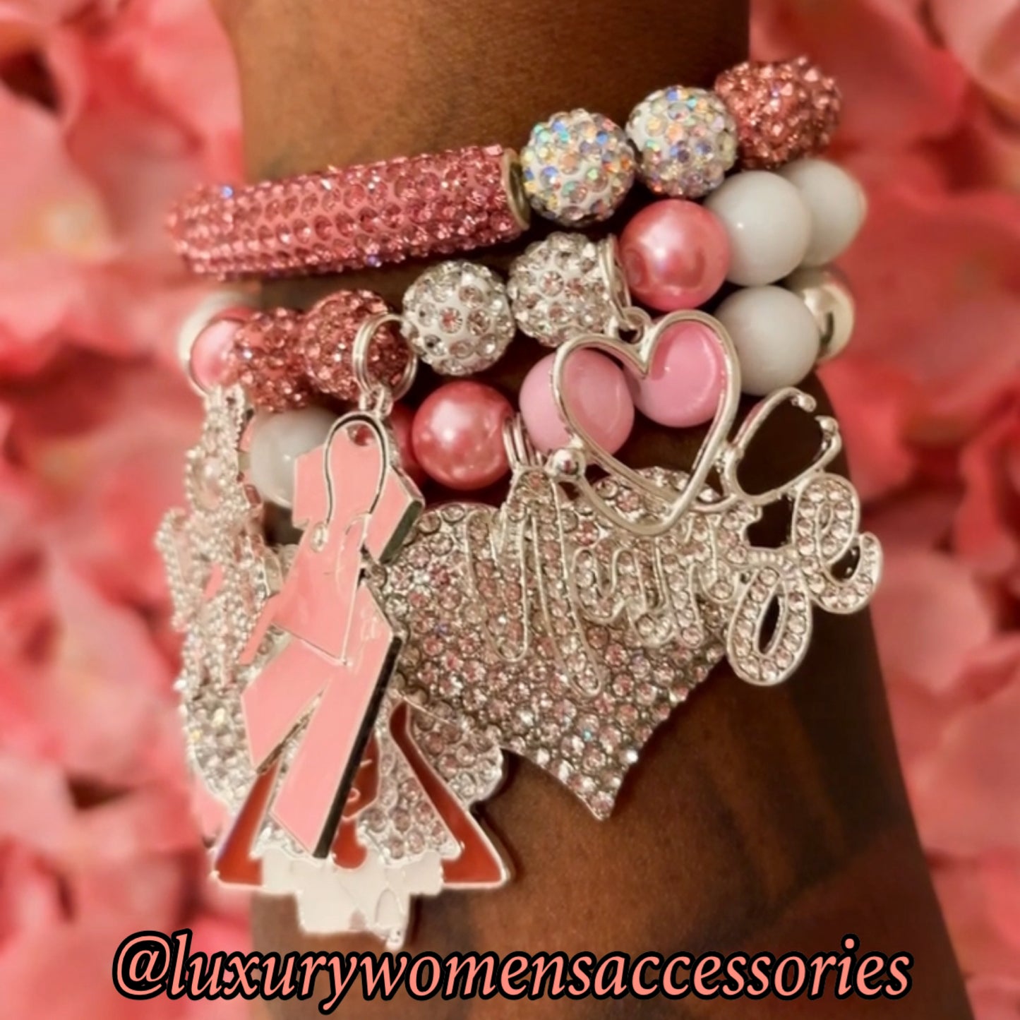 “LUX”Pink/Silver Nurse Beaded Bracelet Set(set of 3)