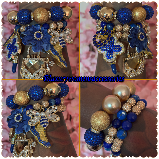 "Luxurious" Royal Blue/Gold Beaded Bracelet Set(set of 3)