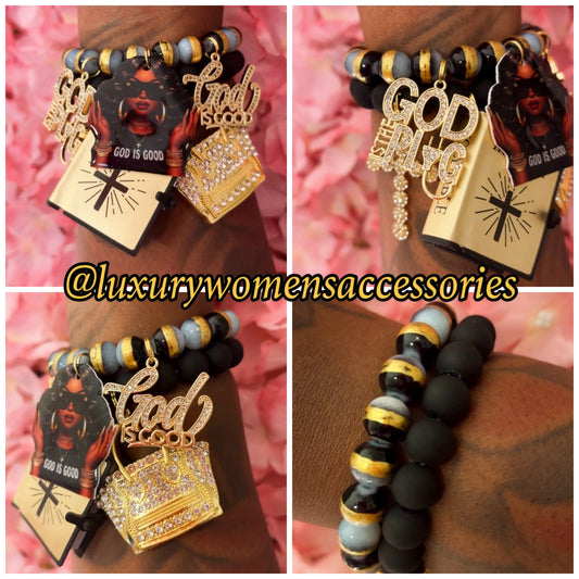 Gold/Black “God Is Good” Beaded Bracelet Set(set of 2)