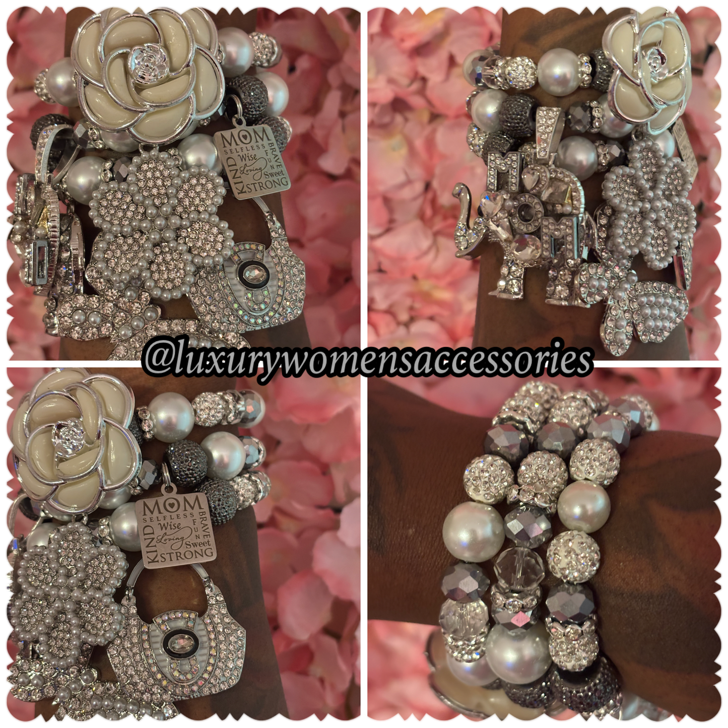 Silver “Luxurious” “Mom” Beaded Bracelet Set(set of 3)