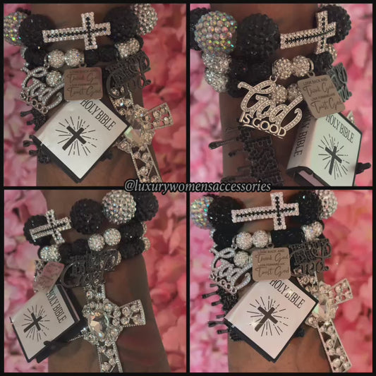 “Luxurious” Silver/Black Beaded Bracelet Set(set of 3)