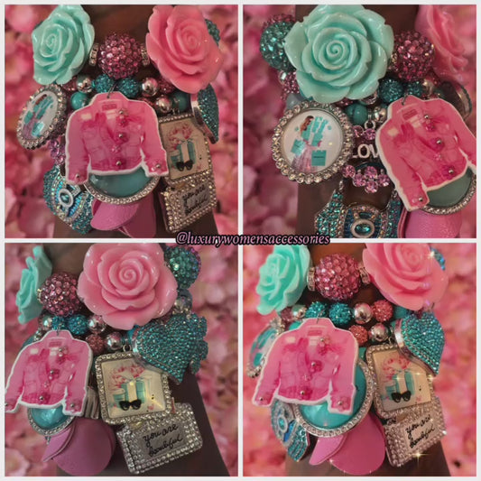 “LUX” Pink/Teal Beaded Bracelet Set(set of 4)